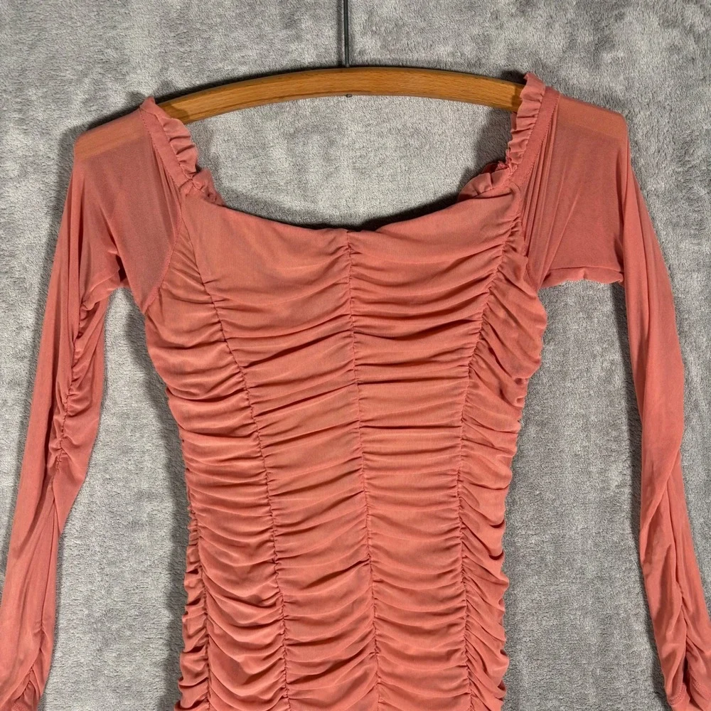 Majorelle Mini Jardin Dress Size S Pink‎ Ruched Mesh Lace Up Long Sleeve Bodycon - Picture 9 of 14